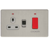 Brushed Chrome Screwless Cooker Switch 45A with 13A Switched Socket Grey Inserts (Twin Plate)