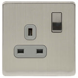 Brushed Chrome Screwless 1 Gang 13A Double Pole Decorative Switched Socket Grey Inserts