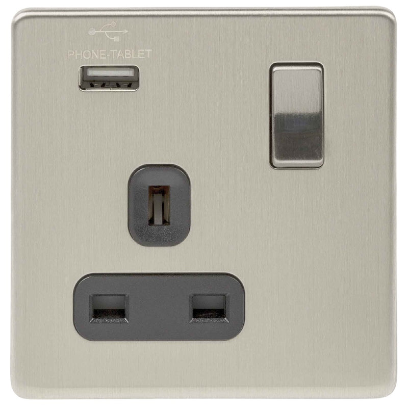 Niglon U-S131USB-BC | Brushed Chrome Screwless USB Switched Socket | US131USBBC