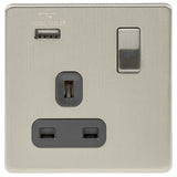 Brushed Chrome Screwless 1 Gang 13A Decorative Switched Socket + USB Port Black Inserts