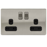 Brushed Chrome Screwless 2 Gang 13A DP Decorative Switched Socket Black Inserts