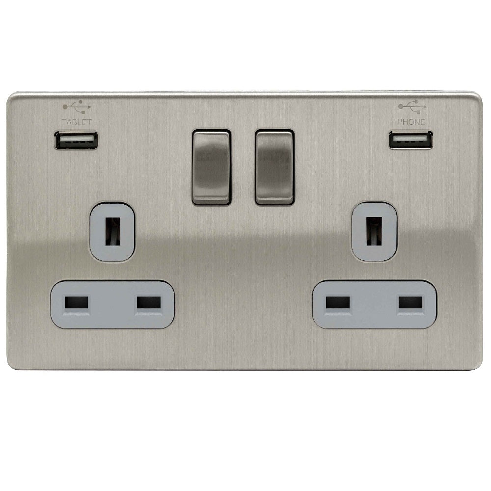 Niglon U-S132USB-BCG | Brushed Chrome Screwless USB Switched Socket | US132USBBCG