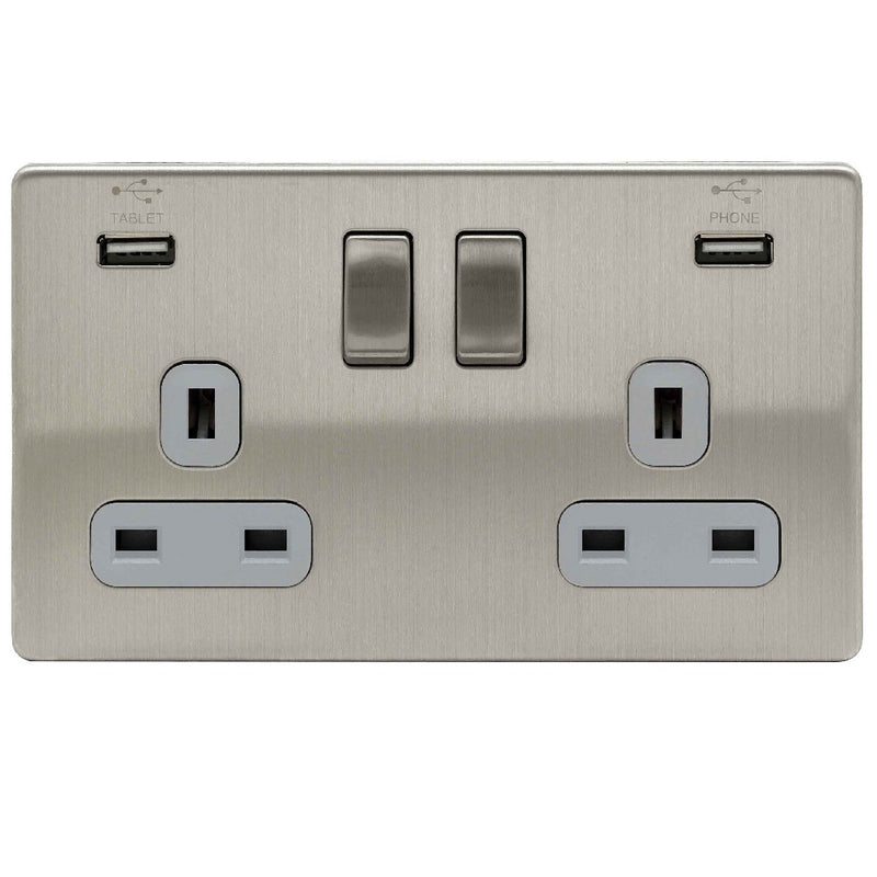 Niglon U-S132USB-BCG | Brushed Chrome Screwless USB Switched Socket | US132USBBCG