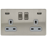 Brushed Chrome Screwless 2 Gang 13A Decorative Switched Socket + USB Ports Grey Inserts