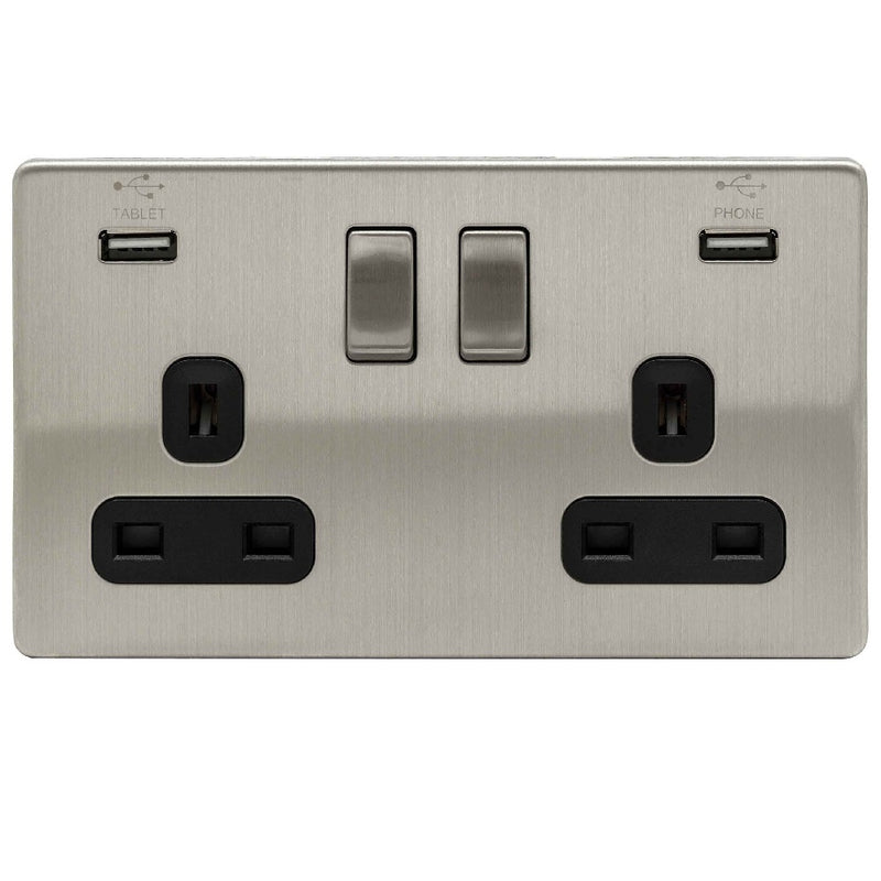 Niglon U-S132USB-BC | Brushed Chrome Screwless USB Switched Socket | US132USBBC