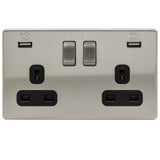 Brushed Chrome Screwless 2 Gang 13A Decorative Switched Socket + USB Ports Black Inserts
