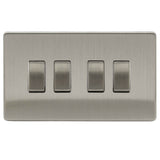 Brushed Chrome Screwless 4 Gang 10A 1 or 2 Way Decorative Rocker Switch (Twin Plate)