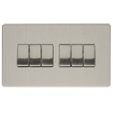 Brushed Chrome Screwless 6 Gang 10A 1 or 2 Way Decorative Rocker Switch (Twin Plate)