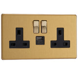 Brushed Brass Screwless 2 Gang 13A Decorative Switched Socket + USB A + USB C Ports Black Inserts