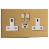 Brushed Brass Screwless 2 Gang 13A Decorative Switched Socket + USB A + USB C Ports White Inserts