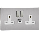 Brushed Steel Screwless 2 Gang 13A Decorative Switched Socket + USB A + USB C Ports White Inserts