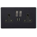 Matt Black Screwless Urban 2 Gang 13A Decorative Switched Socket + 2 5V DC 2100mA USB Ports Black Inserts