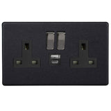 Matt Black Screwless Urban 2 Gang 13A Decorative Switched Socket + USB A + USB C Ports Black Inserts