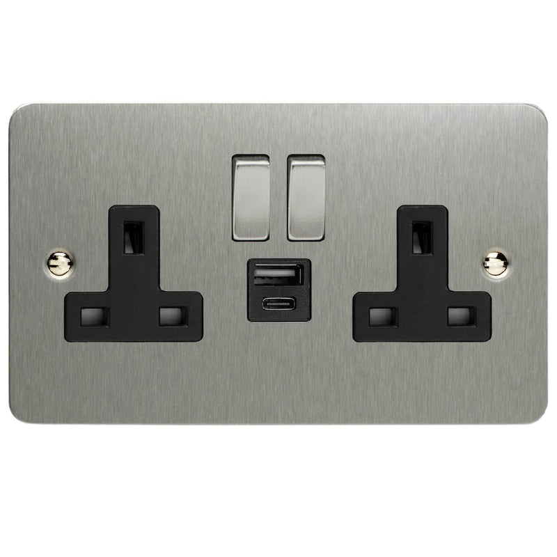 Varilight XFS5UACDB | Brushed Steel Ultraflat Switched USB Socket