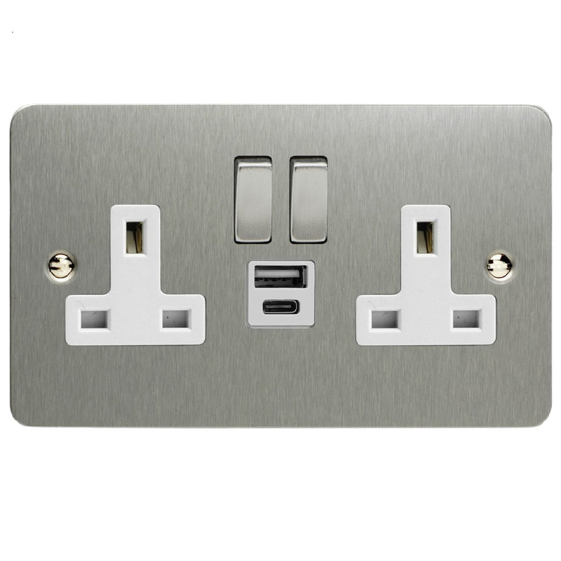 Varilight XFS5UACDW | Brushed Steel Ultraflat Switched USB Socket