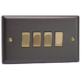Slate Grey Vogue 4 Gang 10A 1 or 2 Way Polished Brass Rocker Switch (Twin Plate)