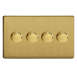 Brushed Brass Screwless V-PRO Professional 4 Gang 2 Way Push On Off LED Dimmer 4 x 0W-120W (Twin Plate)