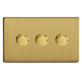 Brushed Brass Screwless V-PRO Professional 3 Gang 2 Way Push On Off LED Dimmer 3 x 0W-120W (Twin Plate)