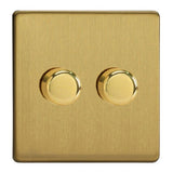 Brushed Brass Screwless V-PRO Professional 2 Gang 2 Way Push On Off LED Dimmer 2 x 0W-120W