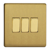 Brushed Brass Screwless 3 Gang 10A 1 or 2 Way Decorative Rocker Switch