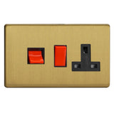 Brushed Brass Screwless Cooker Switch 45A with 13A Switched Socket Outlet Black Inserts