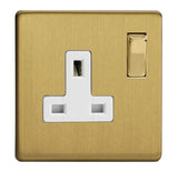 Brushed Brass Screwless 1 Gang 13A Double Pole Decorative Switched Socket White Inserts