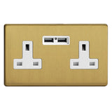 Brushed Brass Screwless 2 Gang 13A Unswitched Socket + 2 5V DC 2100mA USB Ports White Inserts