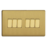 Brushed Brass Screwless 6 Gang 10A 1 or 2 Way Decorative Rocker Switch (Twin Plate)