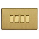 Brushed Brass Screwless 4 Gang 10A 1 or 2 Way Decorative Rocker Switch (Twin Plate)