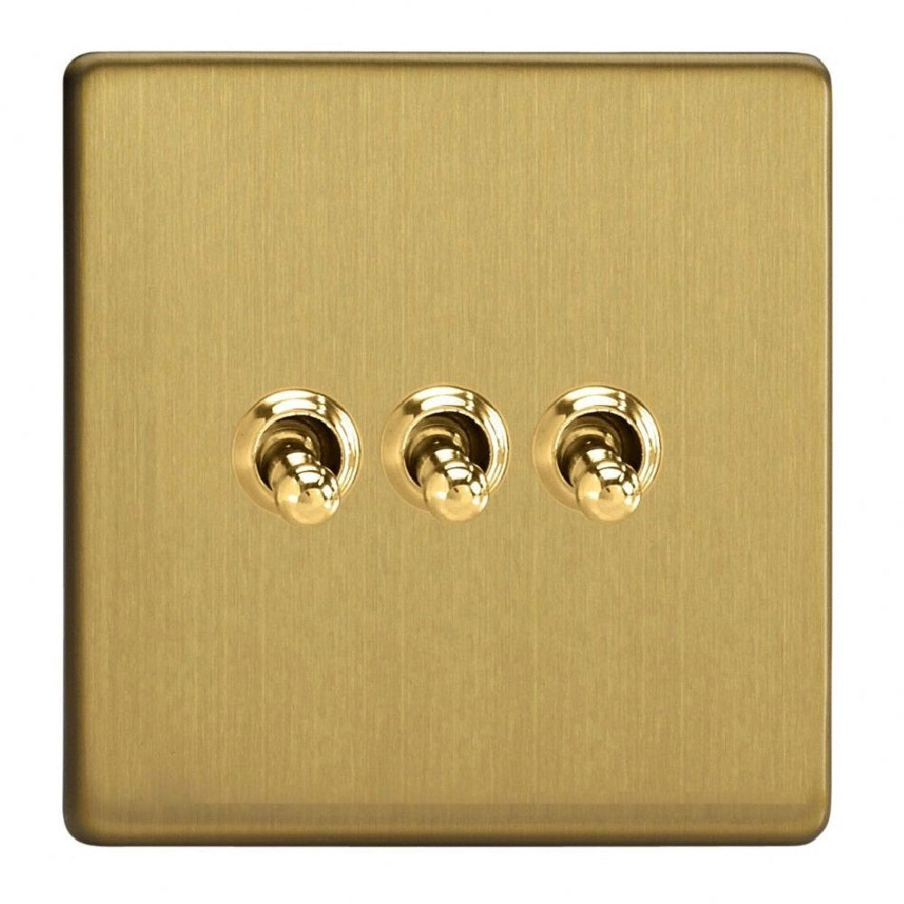 Varilight XDBT3S | Brushed Brass Screwless Toggle Switch