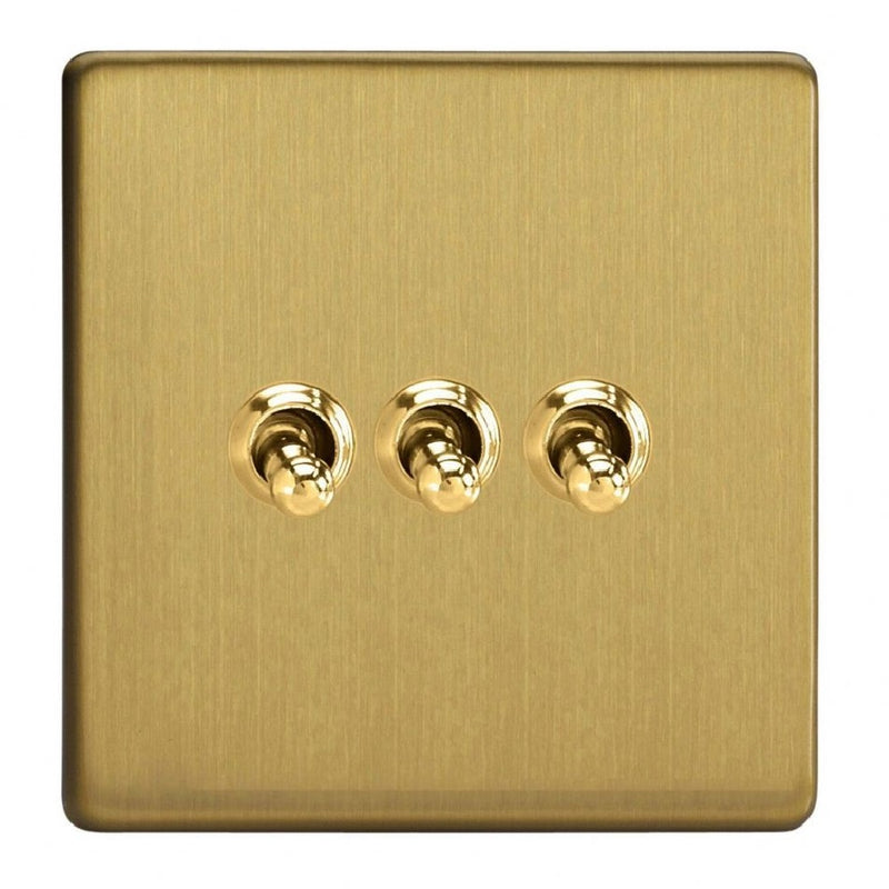 Varilight XDBT3S | Brushed Brass Screwless Toggle Switch