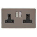 Pewter Screwless 2 Gang 13A Double Pole Decorative Switched Socket Black Inserts