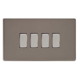 Pewter Screwless 4 Gang 10A 1 or 2 Way Decorative Rocker Switch (Twin Plate)
