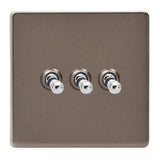Pewter Screwless 3 Gang 10A 1 or 2 Way Decorative Toggle Switch