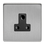 Brushed Steel Screwless 1 Gang 5A Round Pin Socket Black Inserts