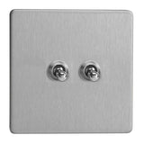 Brushed Steel Screwless 2 Gang 10A 1 or 2 Way Decorative Toggle Switch