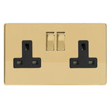 Polished Brass Screwless 2 Gang 13A Double Pole Decorative Switched Socket Black Inserts