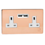 Antimicrobial Copper Screwless 2 Gang 13A Unswitched Socket + 2 5V DC 2100mA USB Ports White Inserts