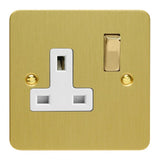 Brushed Brass Ultraflat 1 Gang 13A Double Pole Decorative Switched Socket White Inserts