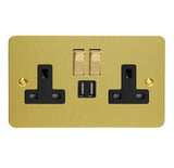 Brushed Brass Ultraflat 2 Gang 13A Decorative Switched Socket + 2 5V DC 2100mA USB Ports Black Inserts