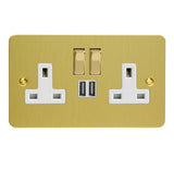 Brushed Brass Ultraflat 2 Gang 13A Decorative Switched Socket + 2 5V DC 2100mA USB Ports White Inserts