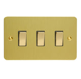 Brushed Brass Ultraflat 3 Gang 10A 1 or 2 Way Decorative Rocker Switch (Twin Plate)