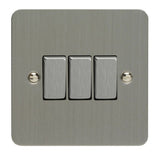 Brushed Steel Ultraflat 3 Gang 10A 1 or 2 Way Decorative Rocker Switch
