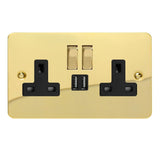 Polished Brass Ultraflat 2 Gang 13A Decorative Switched Socket + 2 5V DC 2100mA USB Ports Black Inserts