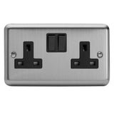 Matt Chrome 2 Gang 13A Switched Socket Black Inserts