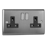 Brushed Steel Classic 2 Gang 13A Double Pole Decorative Switched Socket Black Inserts