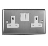 Brushed Steel Classic 2 Gang 13A Double Pole Switched Socket White Inserts