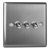 Brushed Steel Classic 3 Gang 10A 1 or 2 Way Decorative Toggle Switch
