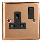 Polished Copper Urban 1 Gang 13A Double Pole Switched Socket Black Inserts