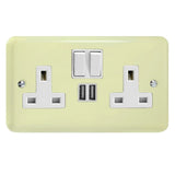 White Chocolate Lily 2 Gang 13A Switched Socket + 2 5V DC 2100mA USB Ports White Inserts